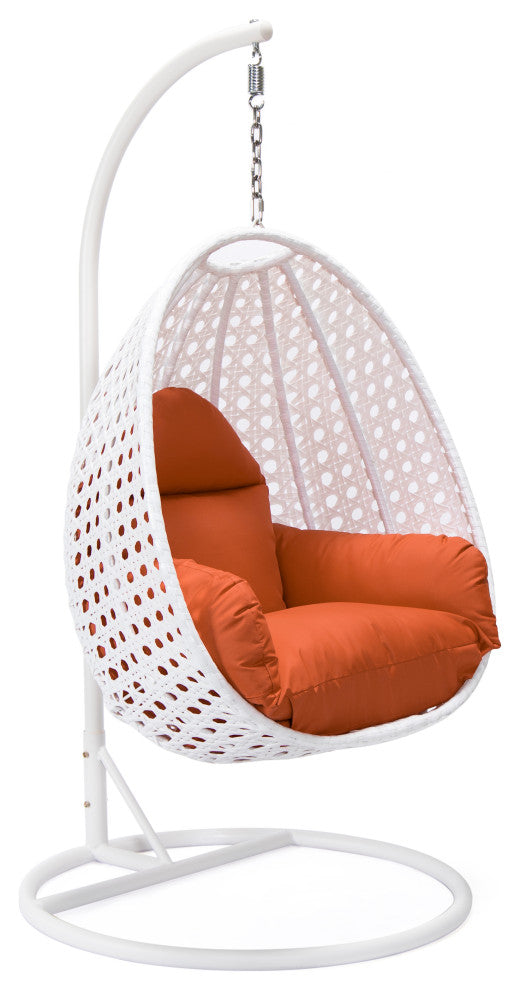 LeisureMod White Wicker Hanging Egg Chair With Stand and Cushion, Orange