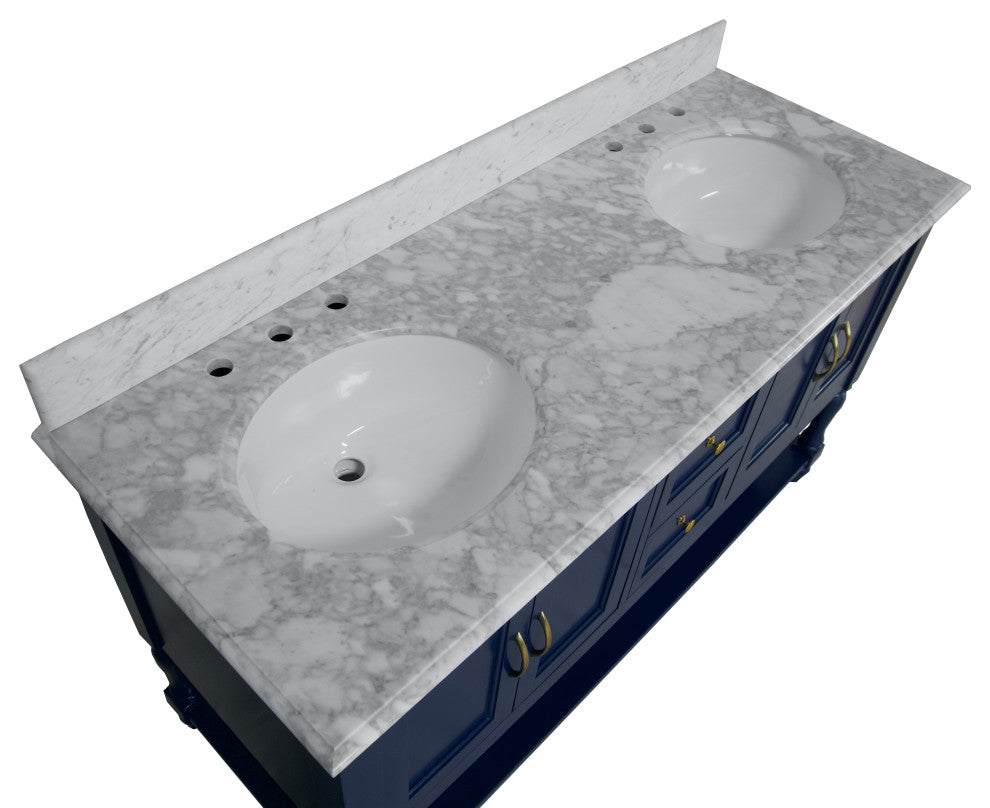 Beverly 60" Bath Vanity, Royal Blue, Carrara Marble, Double Vanity