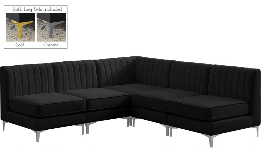 Alina Velvet Modular L-Shaped Modular Sectional, Black, 5-Piece: 4 Armless Chair, 1 Corner Chair