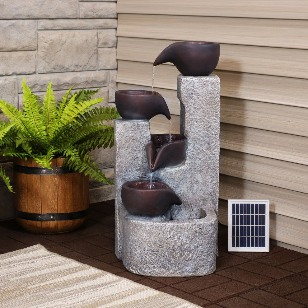 Sunnydaze Aged Tiered Vessels Solar Fountain With Battery Backup, 29"