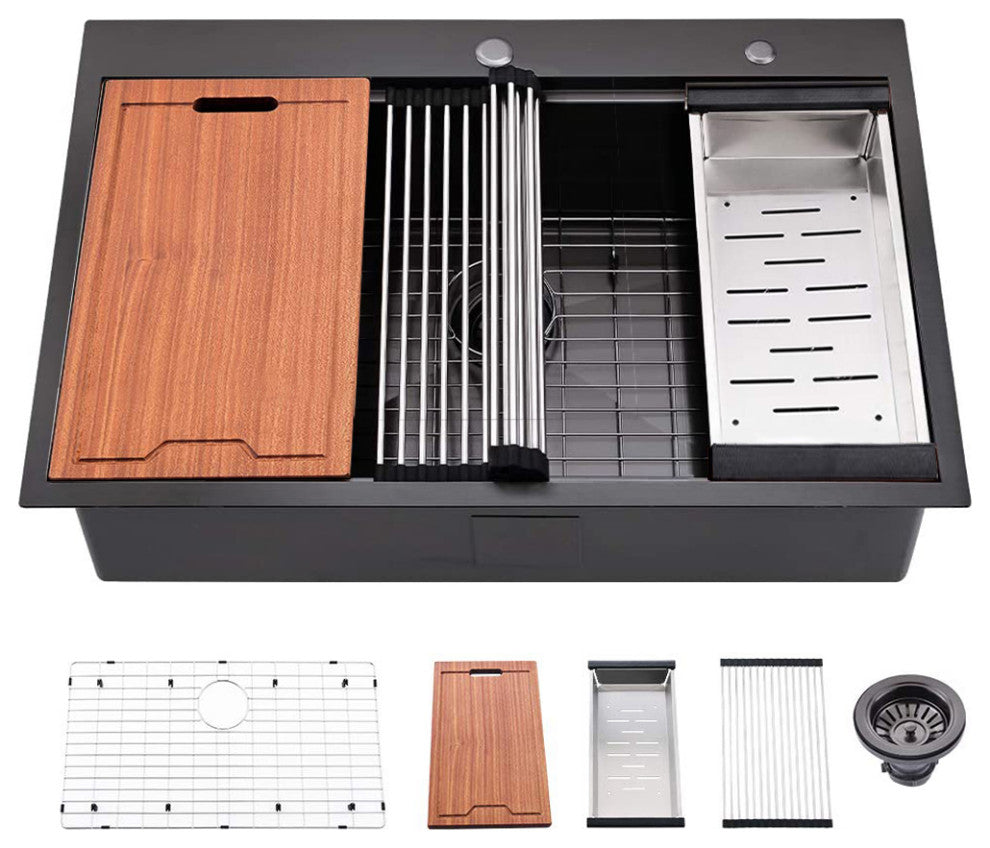 33" L X 22" W Premium Stainless Steel Kitchen Sink, Matte Black