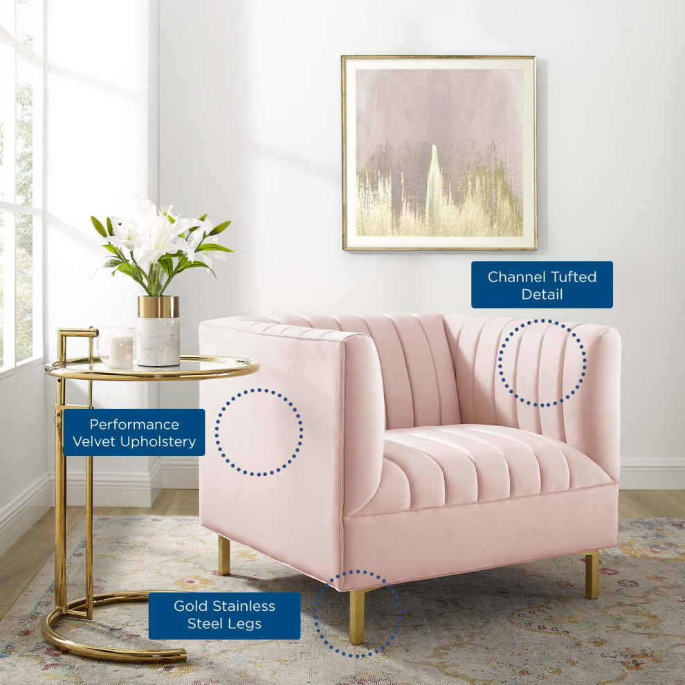 Tufted Armchair Accent Chair, Velvet, Pink, Modern, Living Lounge Hospitality