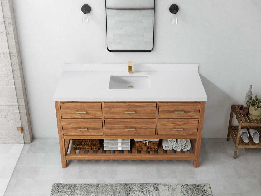 Parker Teak 60" Single Sink Bath Vanity in Golden Teak 2" White Quartz