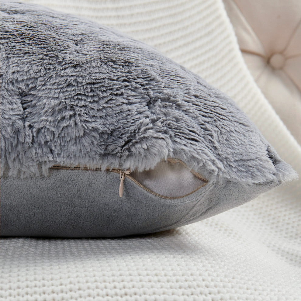 Jacquard Rabbit Faux Fur Pillow Cover 2 Piece Set, Silver Grey, 14" X 26"