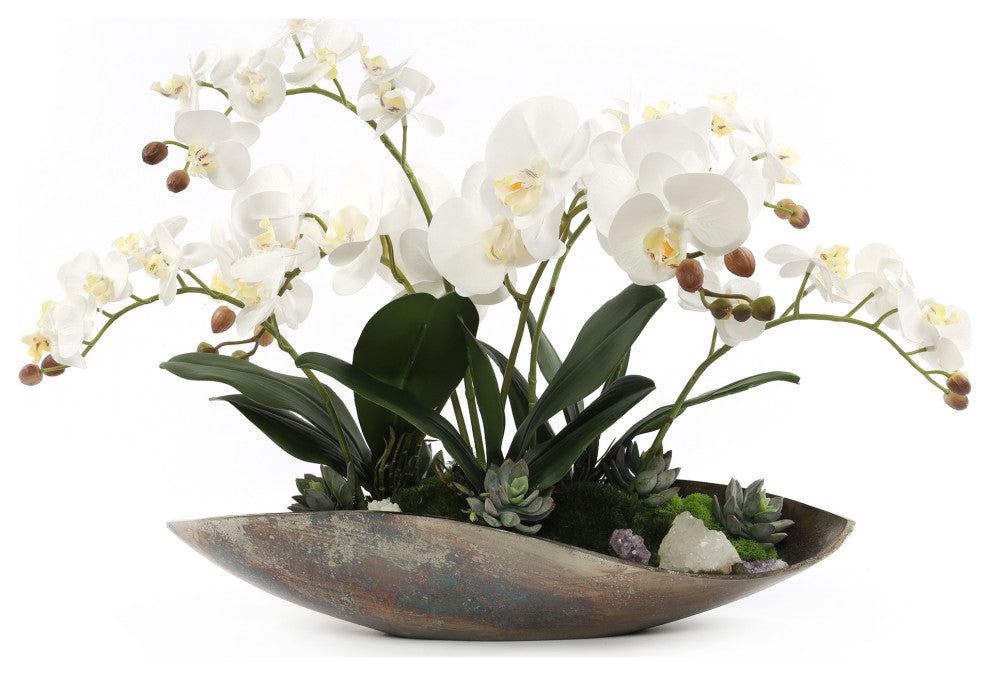 Cream White Orchids Faux Arrangement in Small Metal Tray