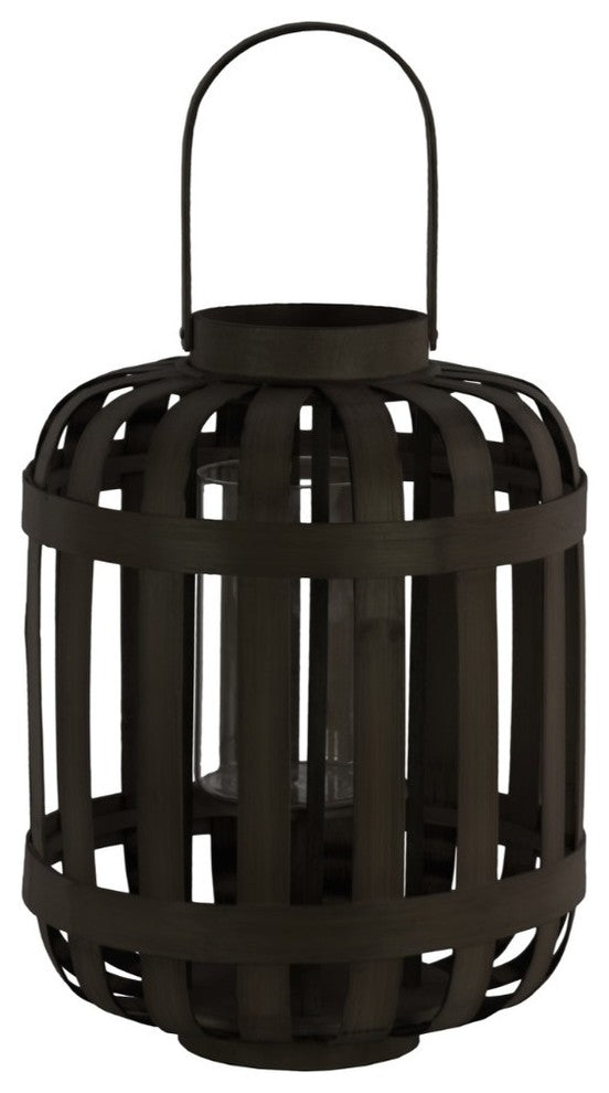 Wood Round Lantern with Lattice Design Body and Handle, Black