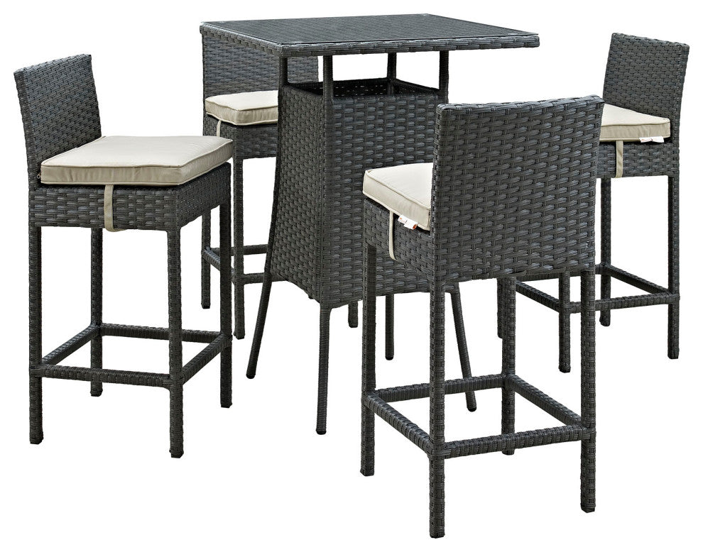Modway Sojourn 5 Piece Outdoor Patio Sunbrella Pub Set, Antique Canvas Beige
