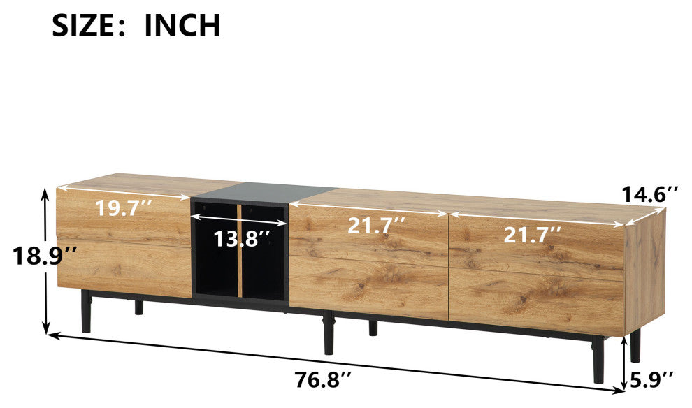 TATEUS 80" TV Stand With Large Storage Cabinet, Combining Style, Natural Wood