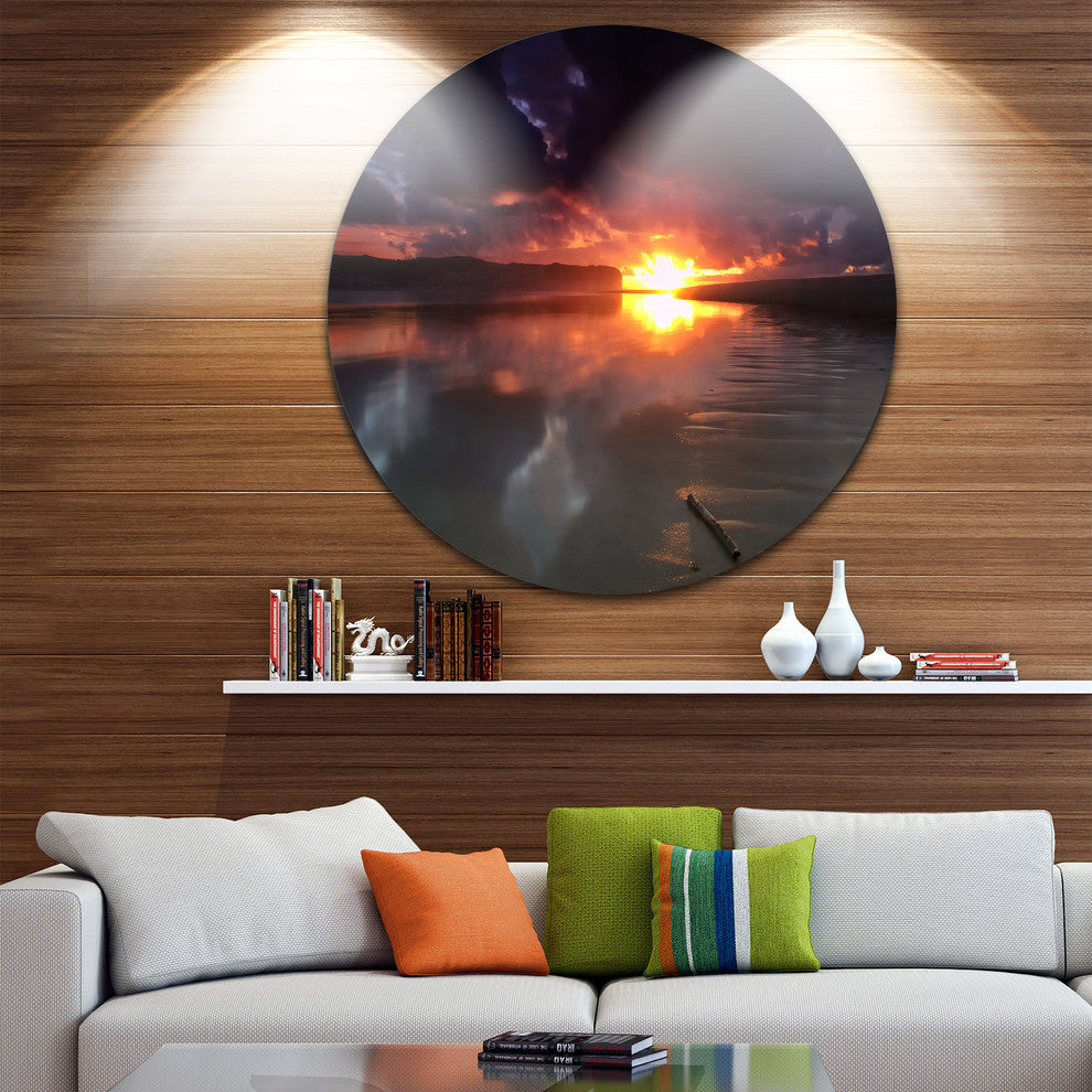Mirrored Sun In Cloudy Dark Seashore, Seascape Disc Metal Wall Art, 23"