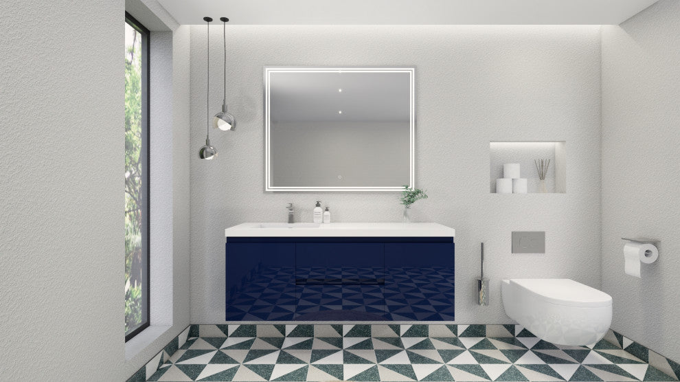 Belli 60" Left Single Sink Wall Mount Vanity, High Gloss Night Blue, Glossy White Top