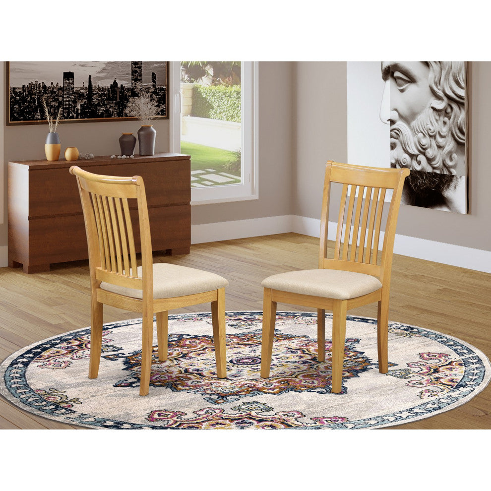 Portland Slat Back Dining Room Chair, Linen Upholstery Seat, Oak- Set of 2