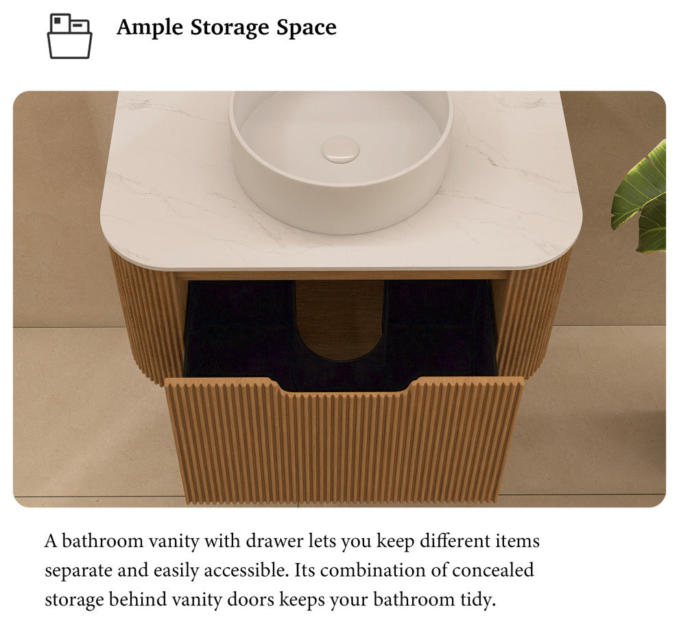 Wall-Mounted Bathroom Vanity With White Round Ceramic Basin, Natural Wood, 30"