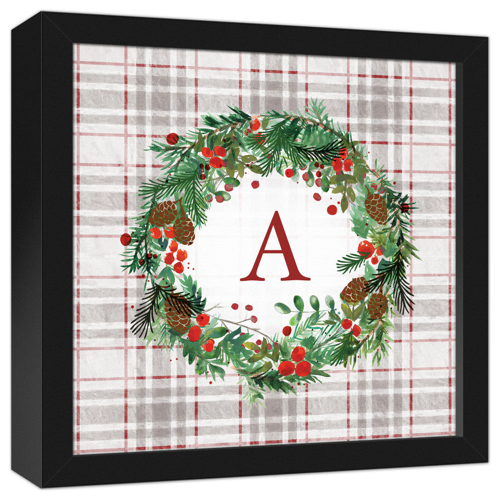 Holiday Gray Plaid Monogram Wreath A 12x12 Black Framed Canvas