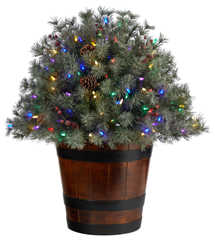 26" Flocked Faux Xmas Shrub W/Pinecones, Multicolored Lights & Bendable Branches