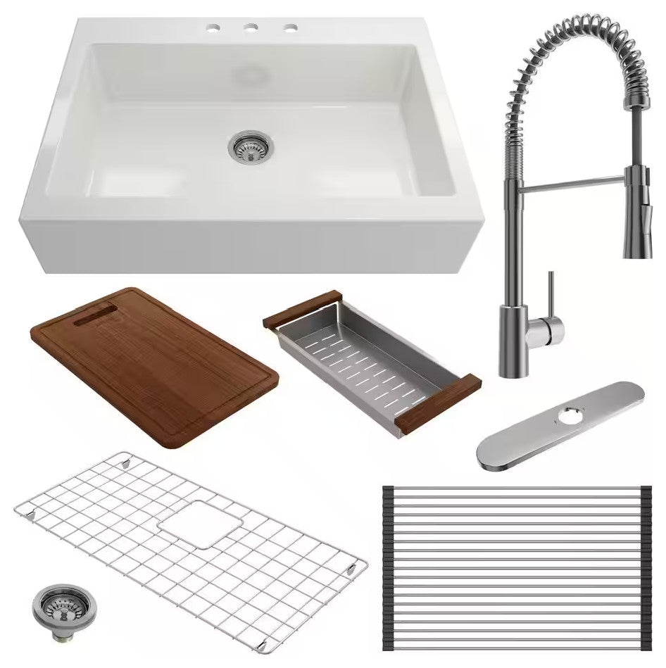 BOCCHI 1500-001-2020SS Apron Front Drop-In Fireclay 34" 1 Bowl Kitchen Sink Kit