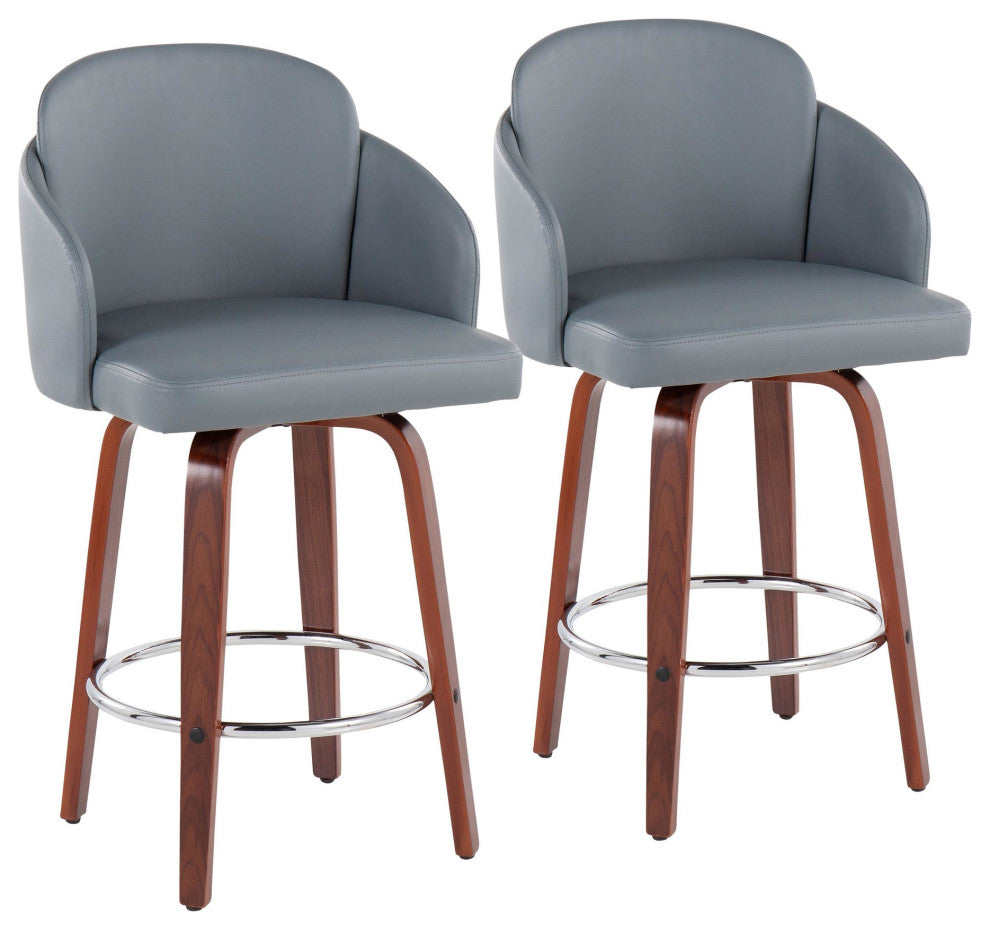 Dahlia Counter Stool, Set of 2, Walnut Wood/Gray PU/Chrome
