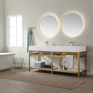 Bilbao Vanity with Metal Bracket & Stone Top, Brushed Gold, 72", With Mirror