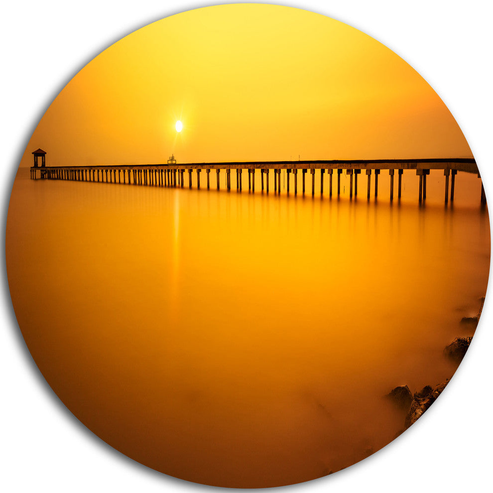 Yellow Tinged Seashore And Long Pier, Seascape Disc Metal Artwork, 36"