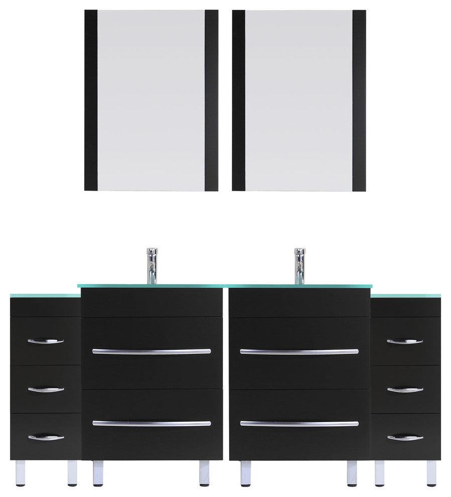 72" Black Vanity, 24" Double Sink Bases, Double 12 Drawer Bases, LV4-C16-72-B