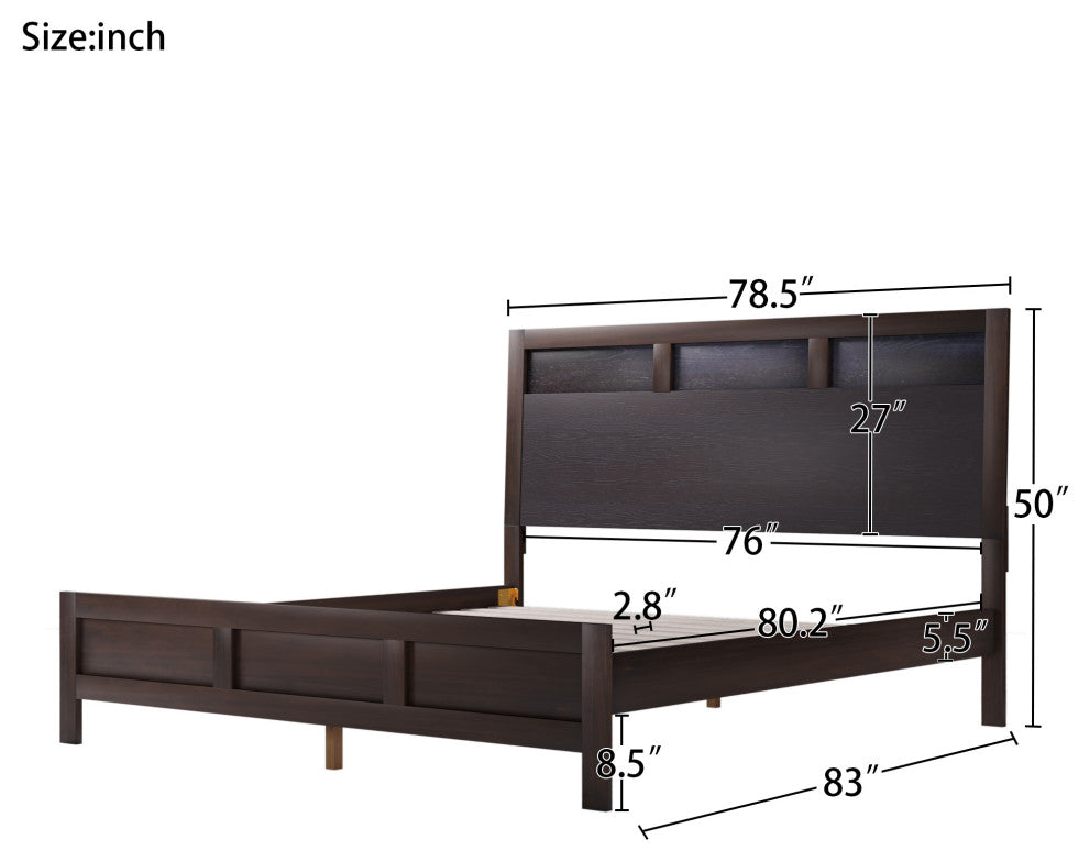King Solid Wood Frame Platform Bed with Center legs, Brown, King