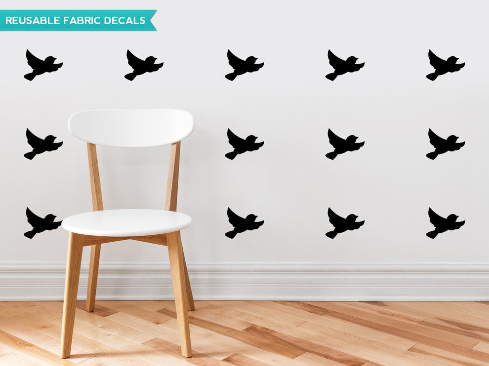 Birds Fabric Wall Decals, Set of 16 Birds, Black
