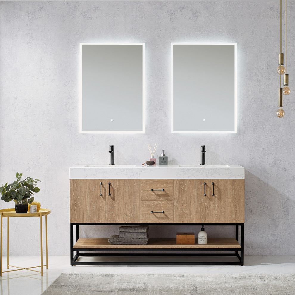 Alistair Vanity, North American Oak, Matte Black Hardware, 60" Double Sink, With Mirror