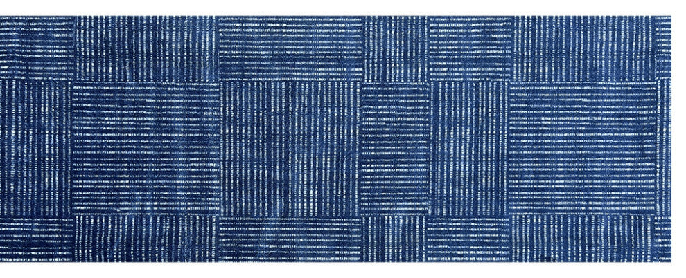 2' X 6' Navy Blue Striped Washable Runner Rug With UV Protection