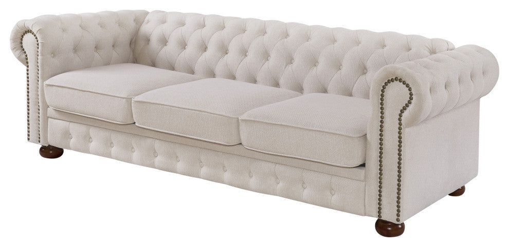 TATEUS linen fabric Chesterfield Large sofa Modern 3 Seater Couch  Beige