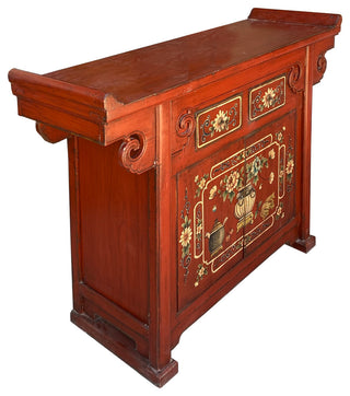 Chinese Distressed Brick Red Flower Altar Console Side Table Cabinet Hcs6177