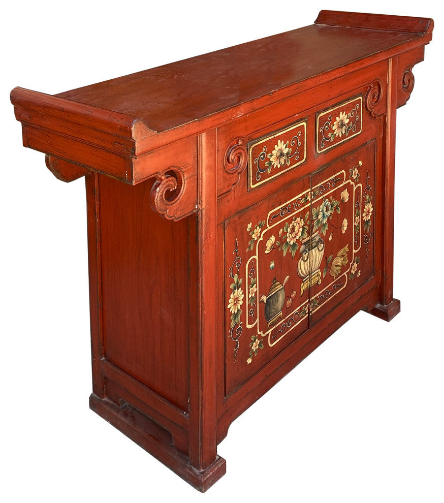 Chinese Distressed Brick Red Flower Altar Console Side Table Cabinet Hcs6177