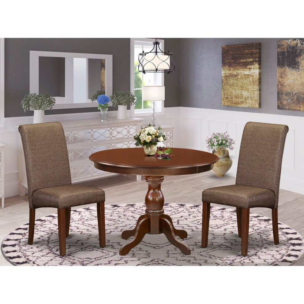 3 Pc Table, Chairs Dining Set, Mahogany Wood Table, 2 Brown Faux Leather Chairs