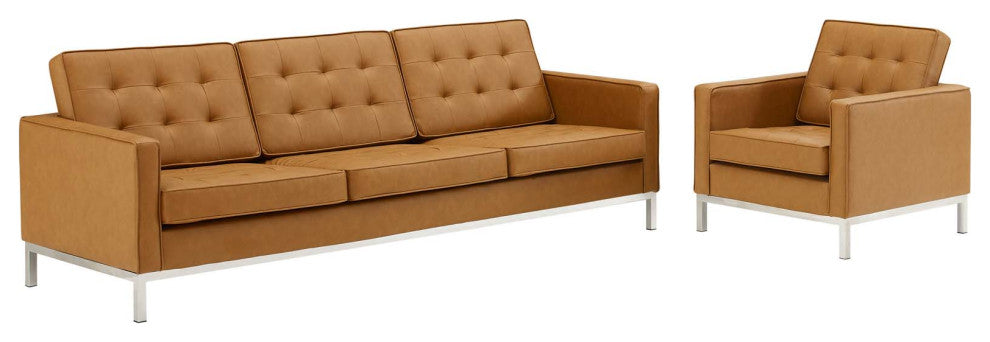 Loft Tufted Upholstered Faux Leather Sofa and Armchair Set Silver Tan