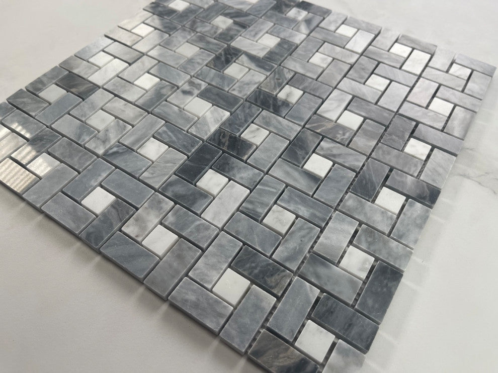 Bardiglio Gray Dark Grey Marble Pinwheel Mosaic Tile White Dots Polish, 1 sheet