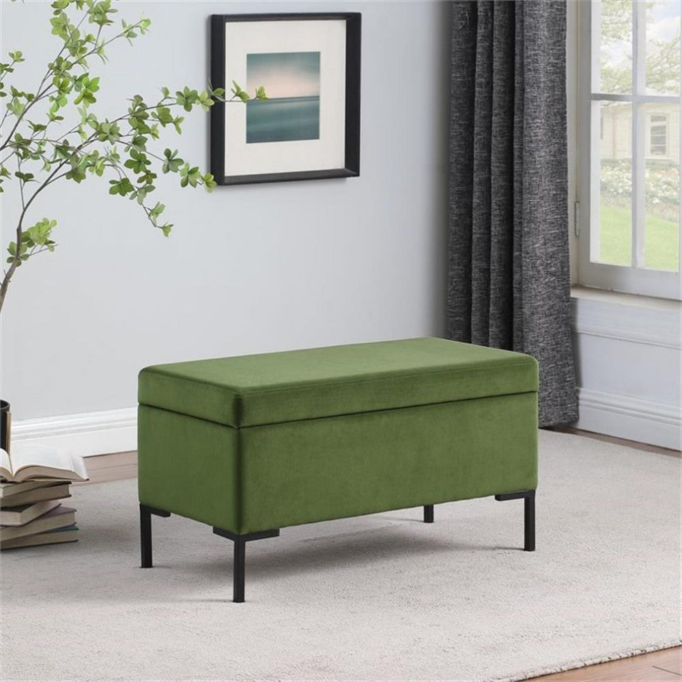 HomePop 17.5" Medium Modern Velvet Fabric Storage Bench with Metal Legs in Green