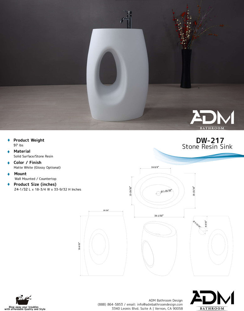 ADM Bathroom Oval Freestanding Pedestal Sink, White, 24", Glossy White