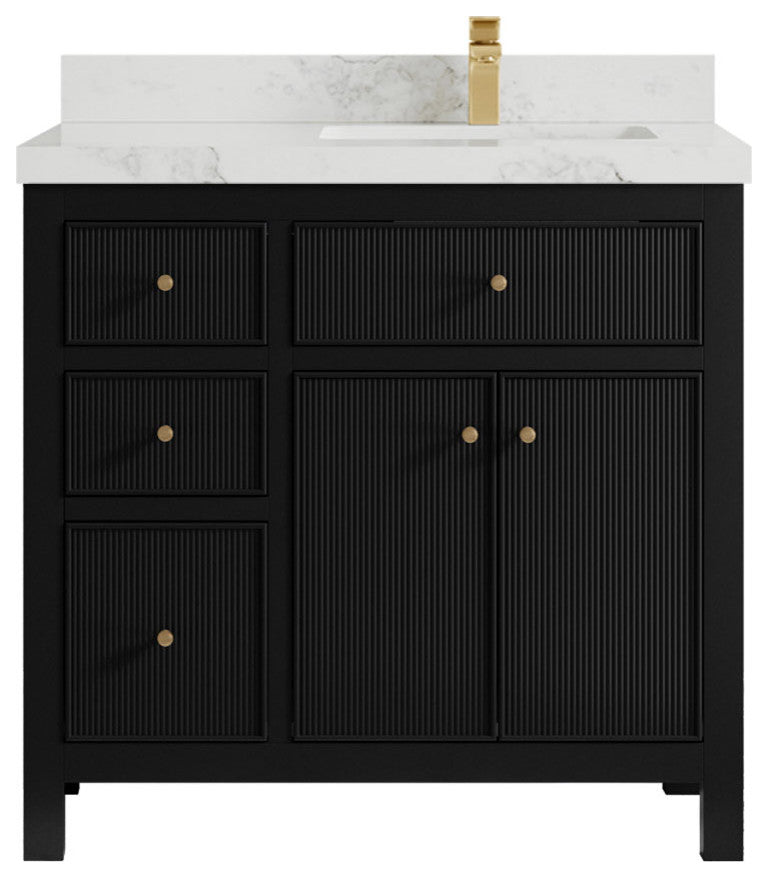 Sonoma 36 Right Offset Reeded  Bath Vanity in Black 2" Calacatta Nuvo