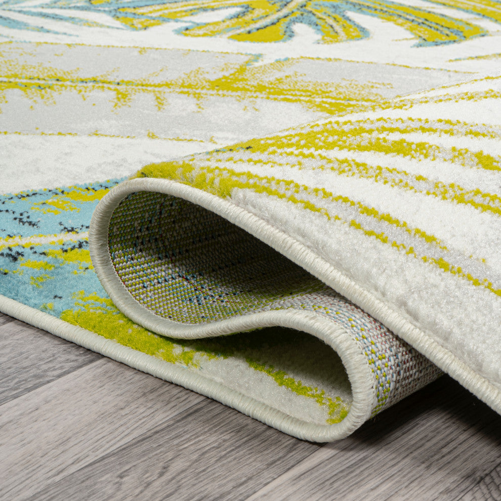 Monstera Tropical Leaves Ivory/Green 2'x8' Runner Rug