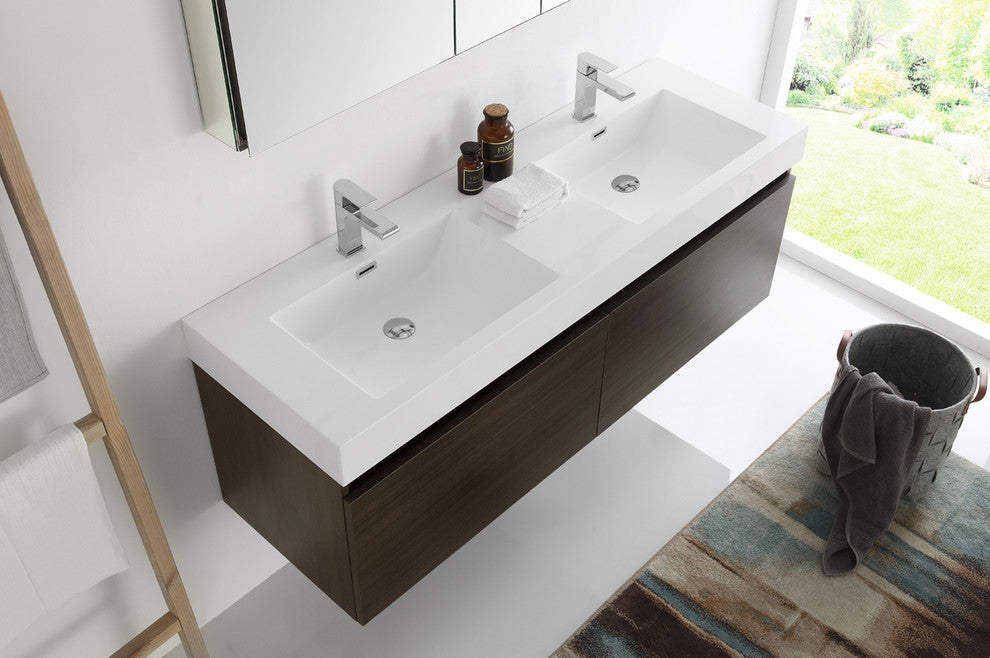 Mezzo 60" Gray Oak Wall Hung Double Sink Modern Bathroom Vanity, FFT1041BN