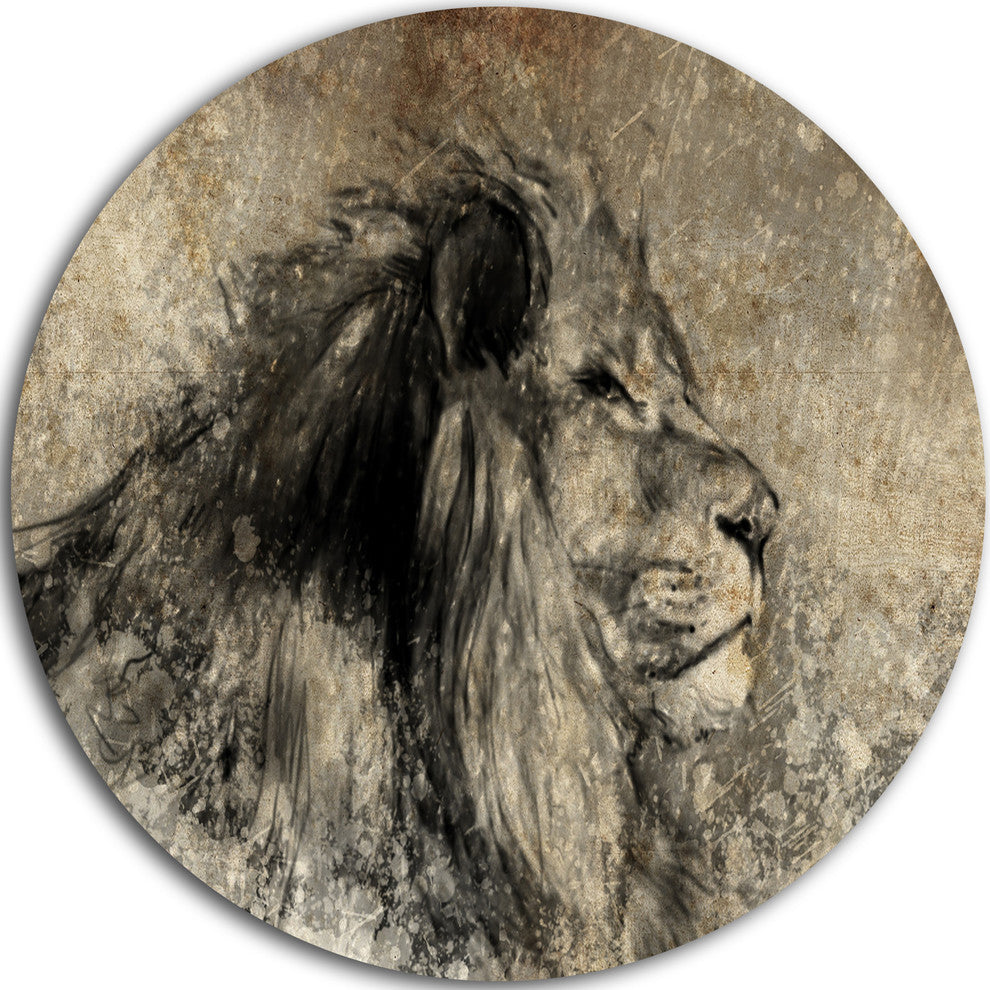 Lion In Sepia, Digital Art Animal Large Disc Metal Wall Art, 36"