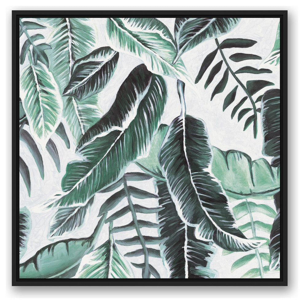 Fresh Green Tropical Palm Leaves 30x30 Black Floating Framed Canvas