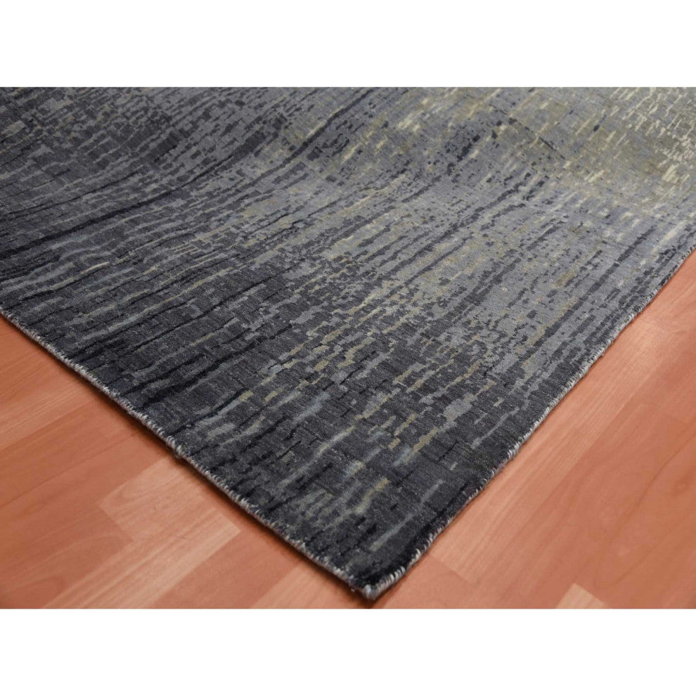 Blue, Pure Wool Hand Knotted, Modern Ombre Design Wide Runner Rug, 6'1"x12'1"