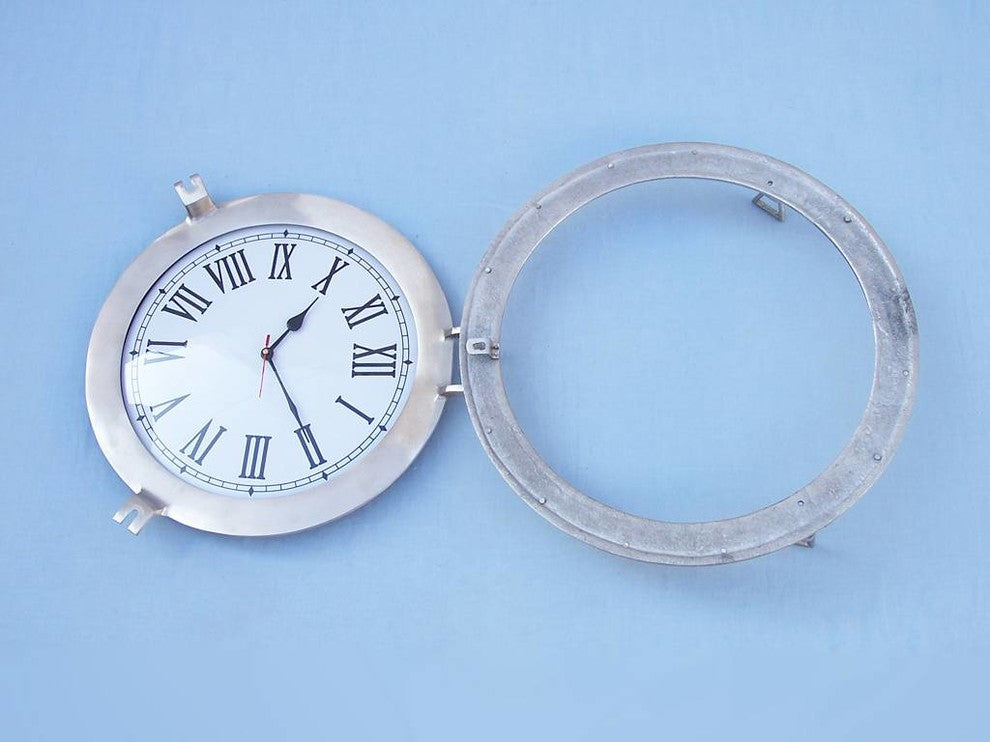 Brushed Nickel Deluxe Class Porthole Clock 17'', Nautical Wall Clock, Beach