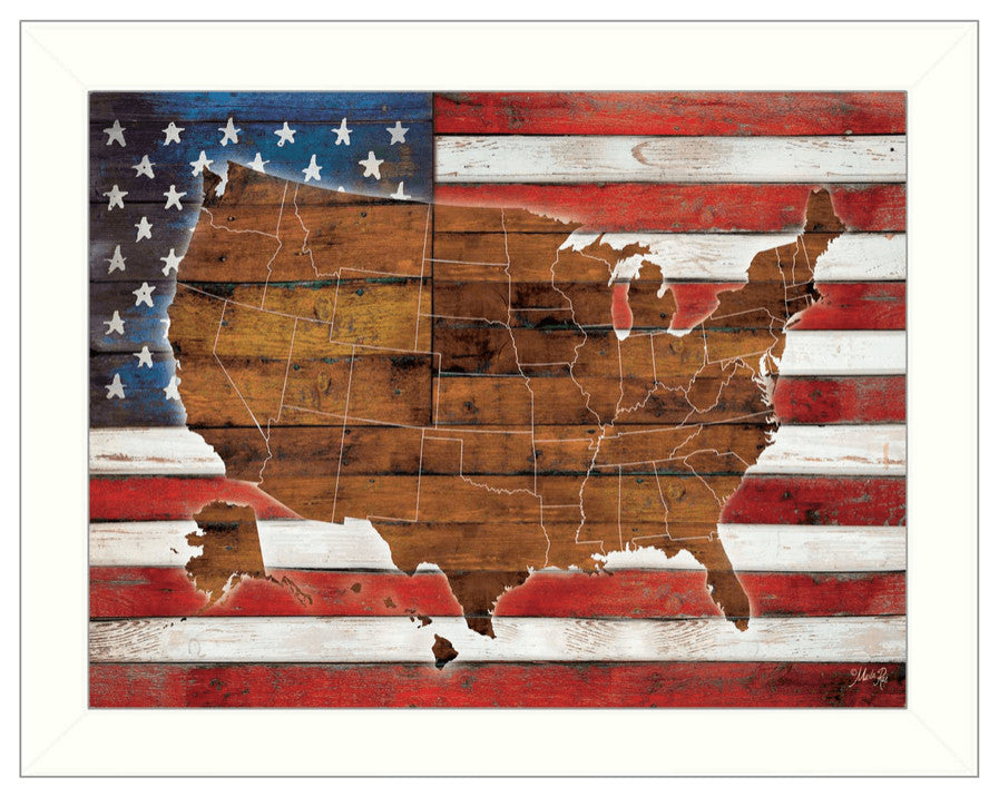 American Flag USA Map White Framed Print Wall Art