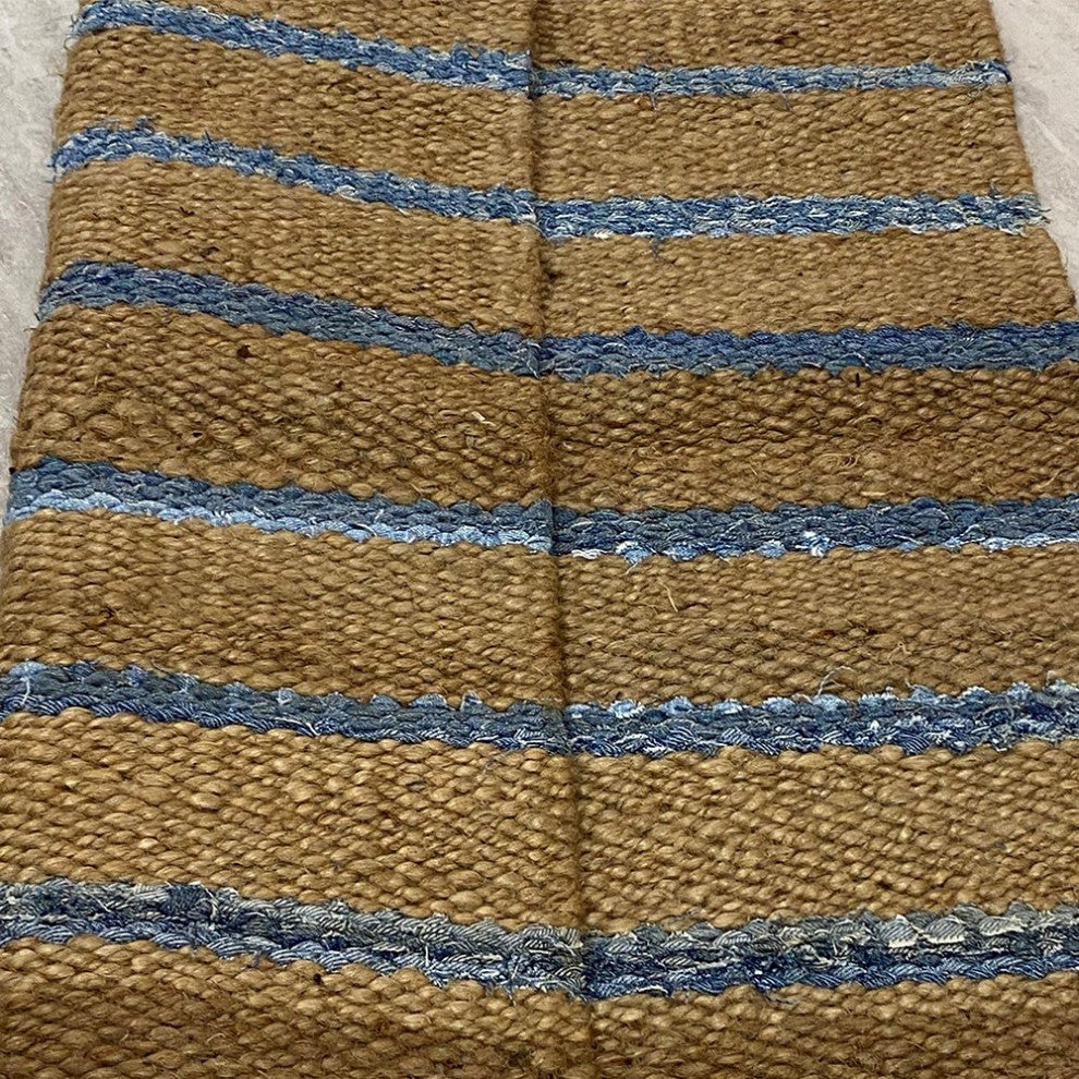 5" x 7" Tan and Blue Striped Area Rug