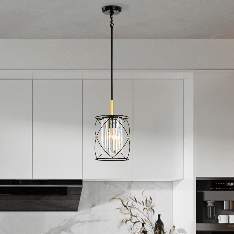 1-Light Black and Gold Cage Mini Pendant With Hanging Crystals