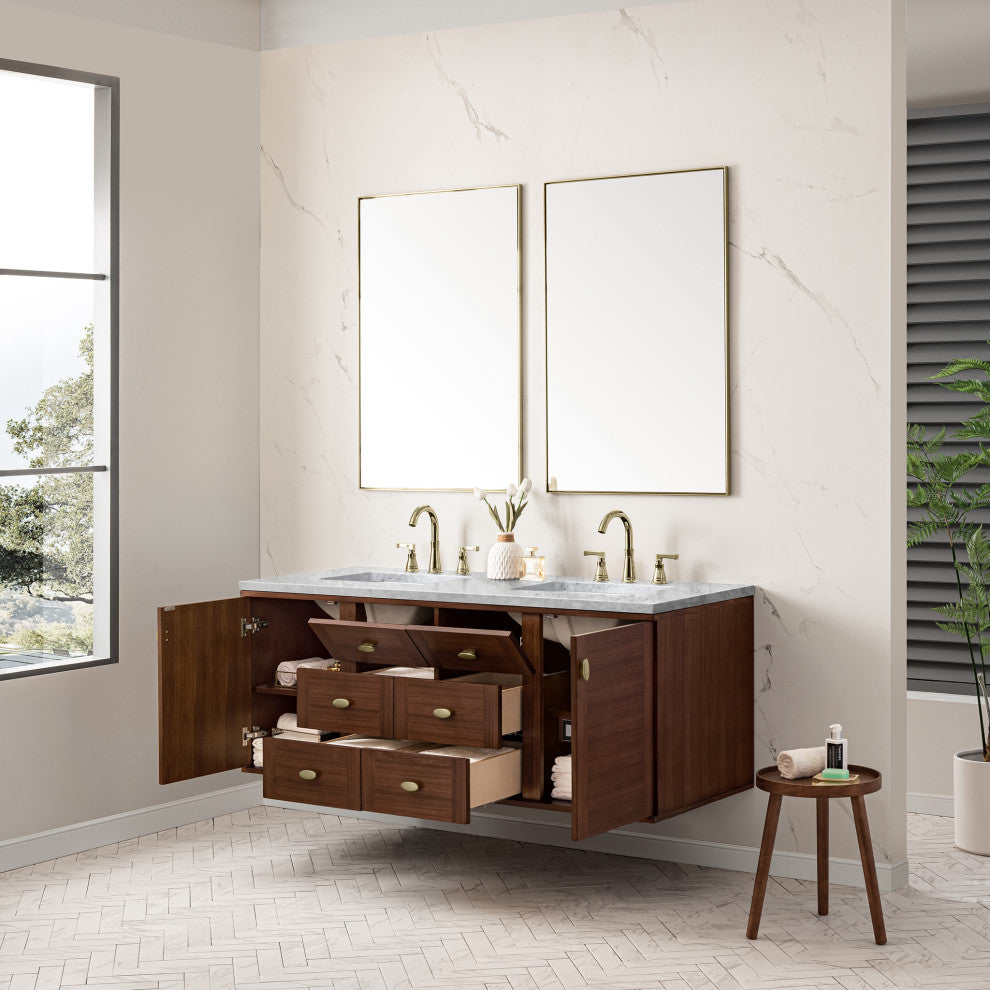 Amberly 30" Single Vanity, Mid-Century Walnut, 60", Carrara Marble, Three-Hole