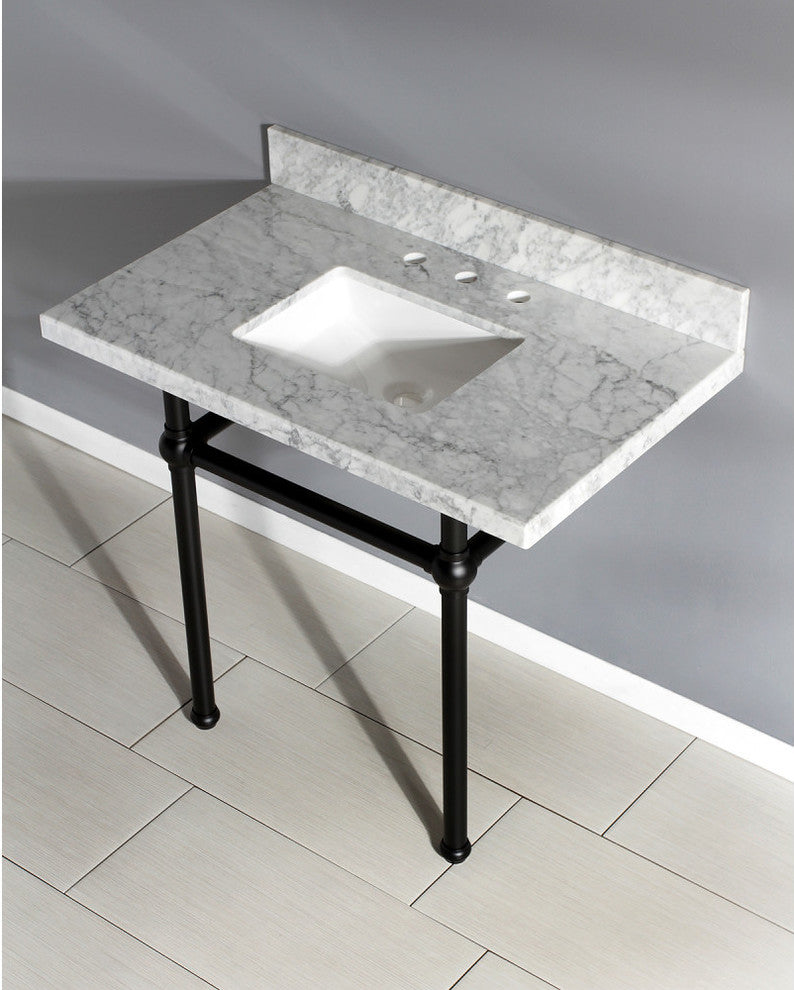 36X22 Carrara Marble Vanity Top w/Brass Console Legs, Carrara Marble/Matte Black