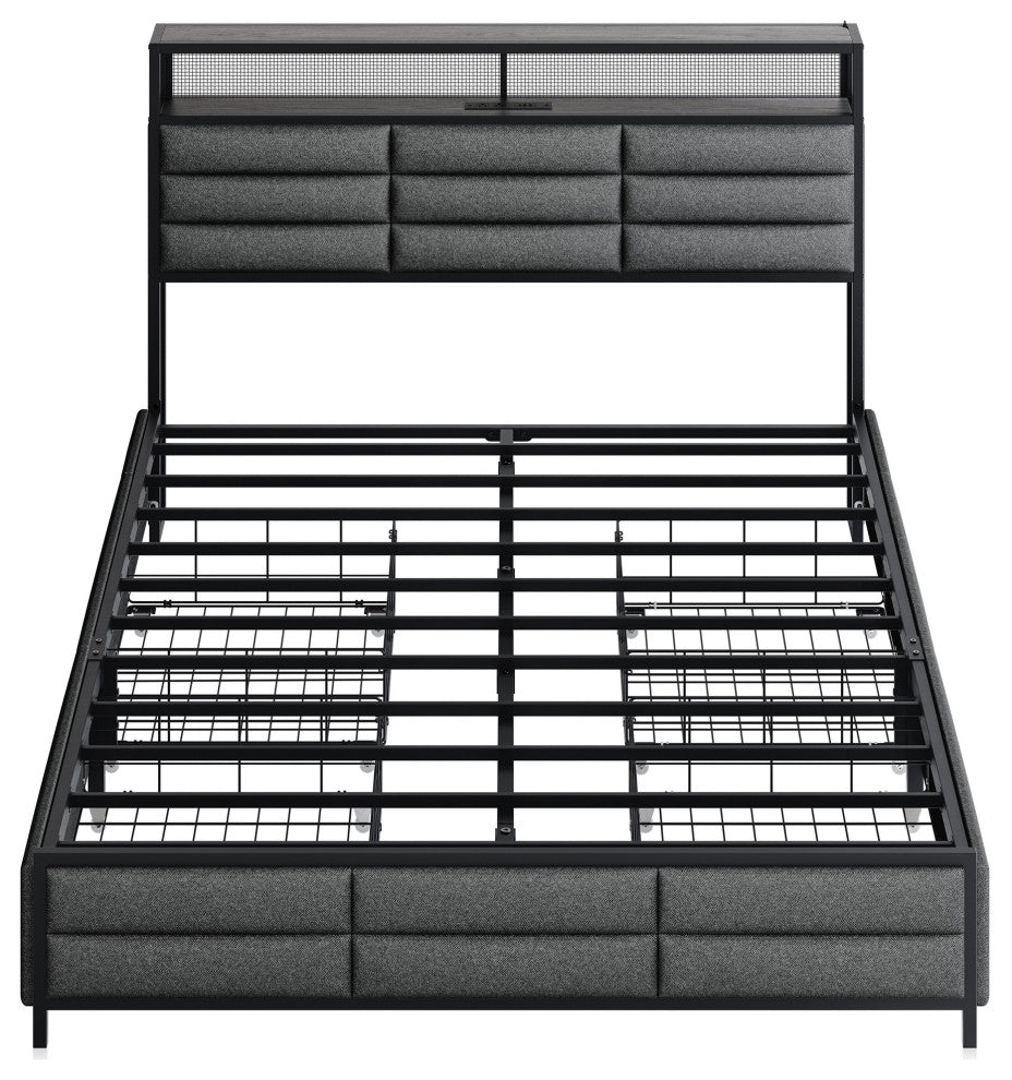 Full Size Bed Frame with Storage Drawers and Headboard (Gray)