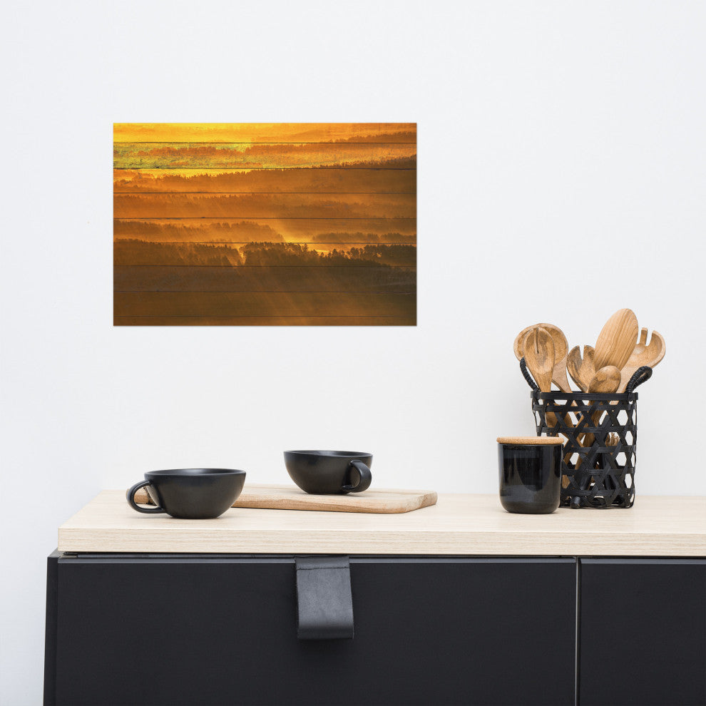 Faux Wood Golden Mist Valley - Hills & Mountain Range Wall Art Prints, 12" X 18"