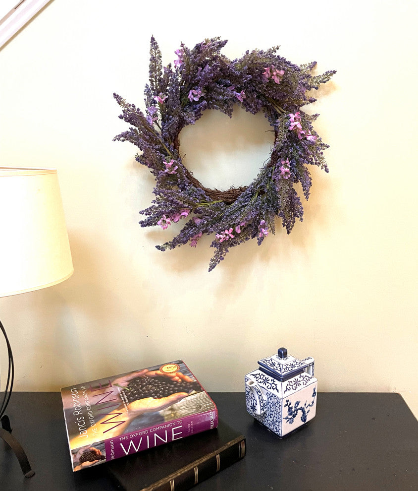 22" Heather Wreath With Pink Flowers On Natural Twig Base
